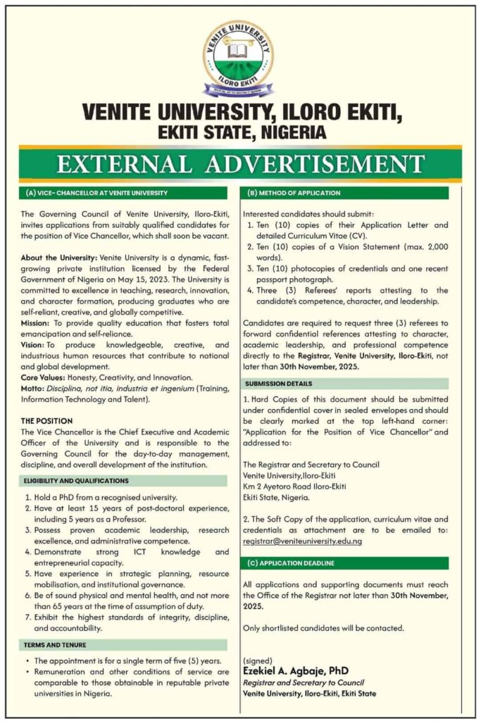 Venite University Advertises Vacancy for the Position of Vice-Chancellor